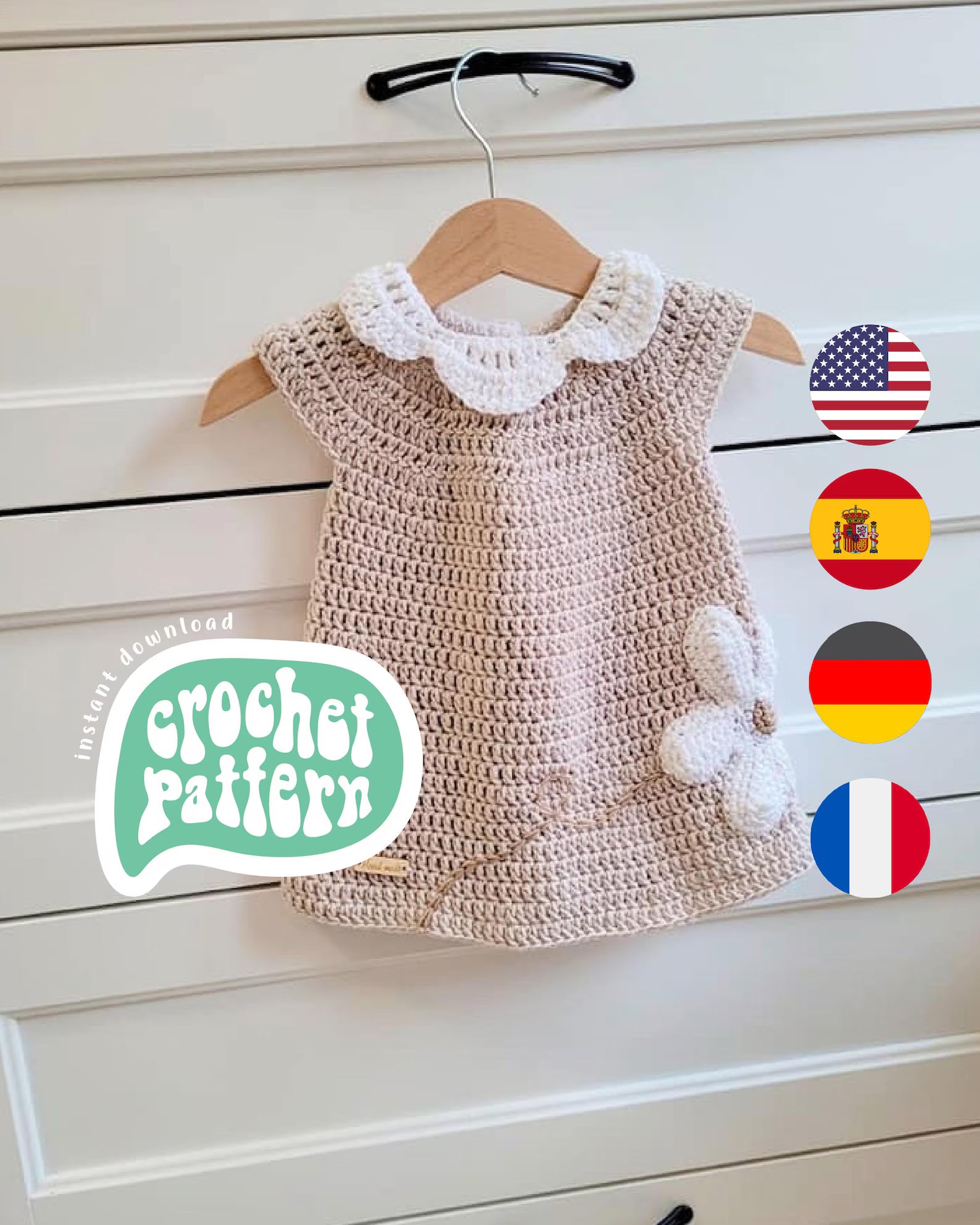 Groovy Floral Baby Dress Crochet Pattern (Newborn8Y) loopellacraft Groovy Floral Baby Dress Crochet Pattern (Newborn8Y) loopellacraft