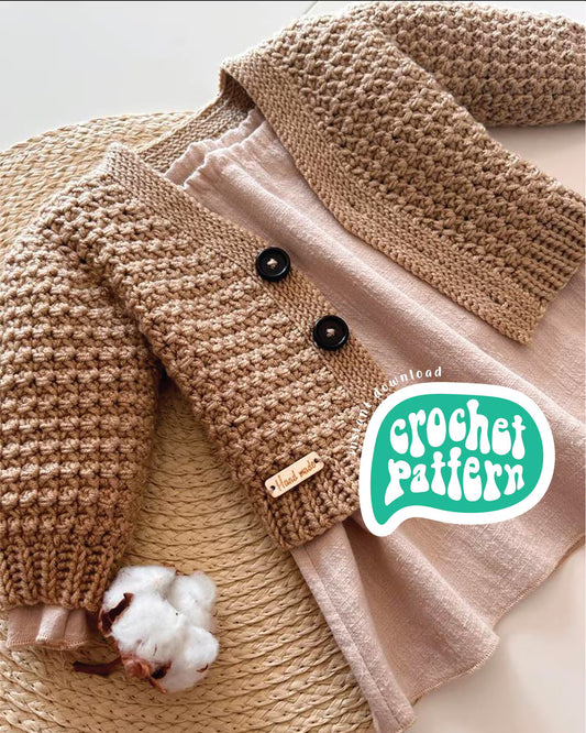 🧸 Explorer Baby Cardigan – Cozy Textured Crochet Pattern (Newborn–8Y)